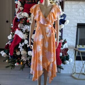 Lulus Floral Wrap High & Low Dress in Orange and Pink Size Small